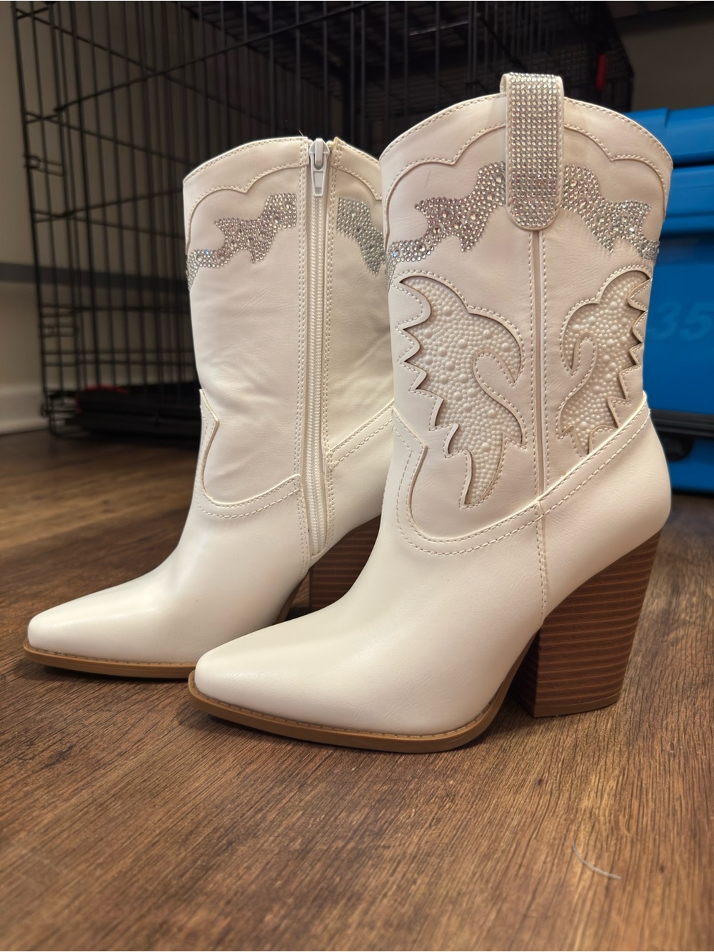 Women's White Embellished Western Ankle Boots